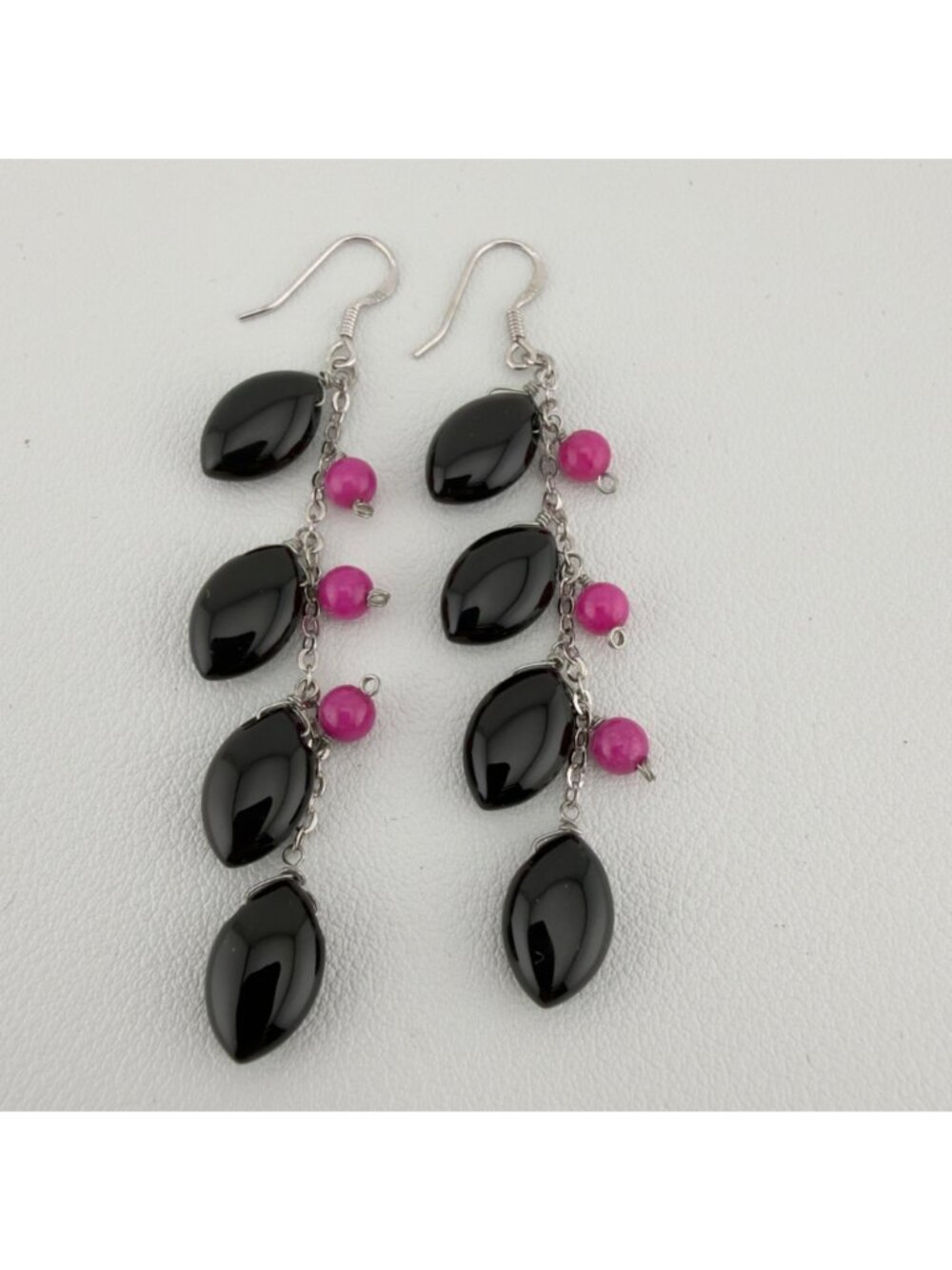 Sterling Silver Long Beaded Dangle Earrings Black Pink 2.5" - Picture 8 of 10